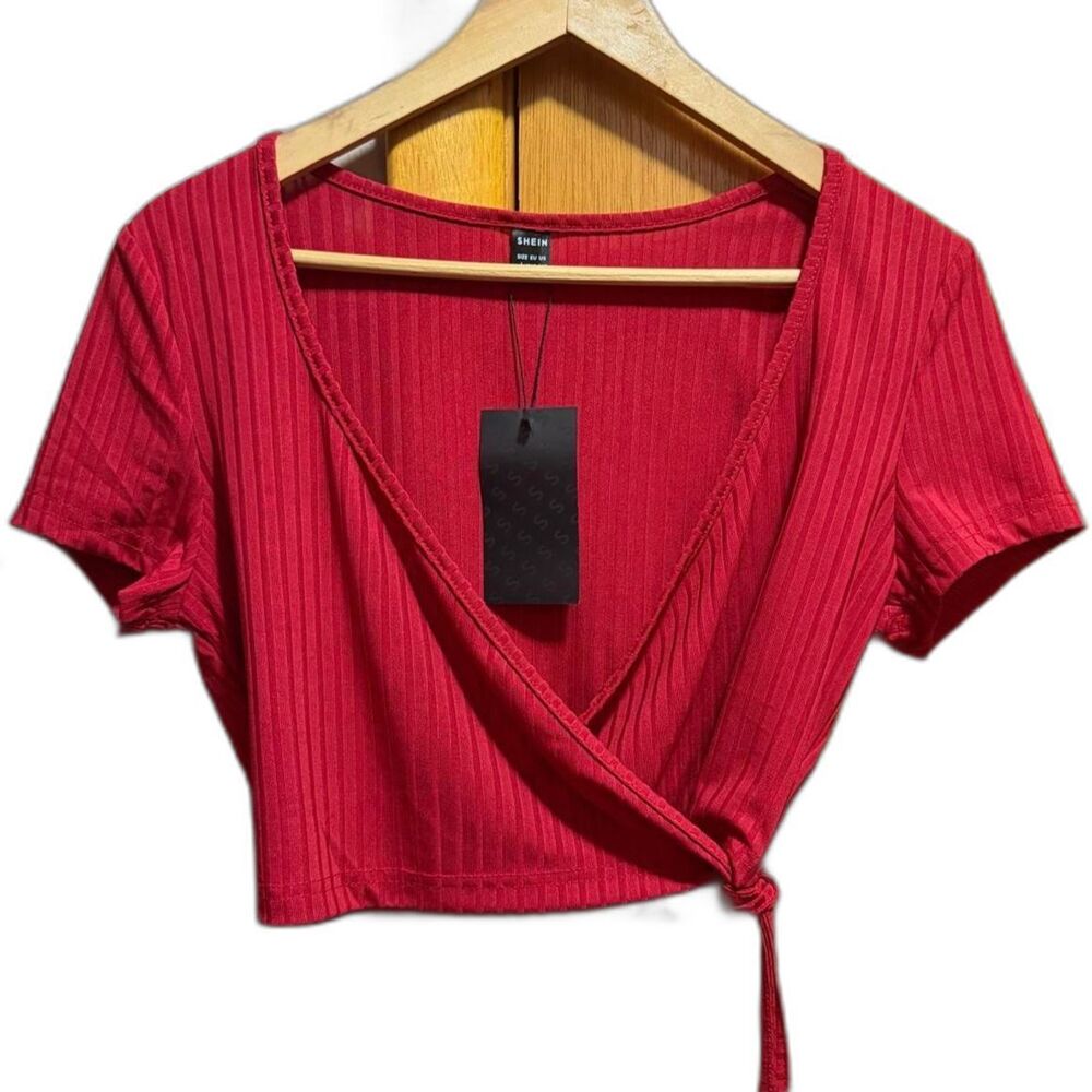 Womens Red Ribbed V Neck Wrap Crop Top Mobwife Y2K Baddie